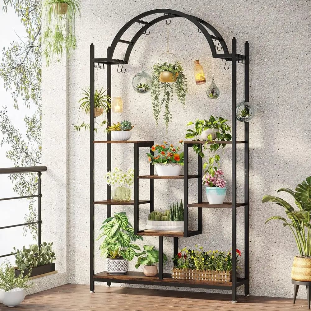 Supporto per Piante da Interno a 5 Livelli con Ripiani in Metallo Arcuati e Ganci per Esposizione di Vasi Bonsai in Soggiorni e Balconi