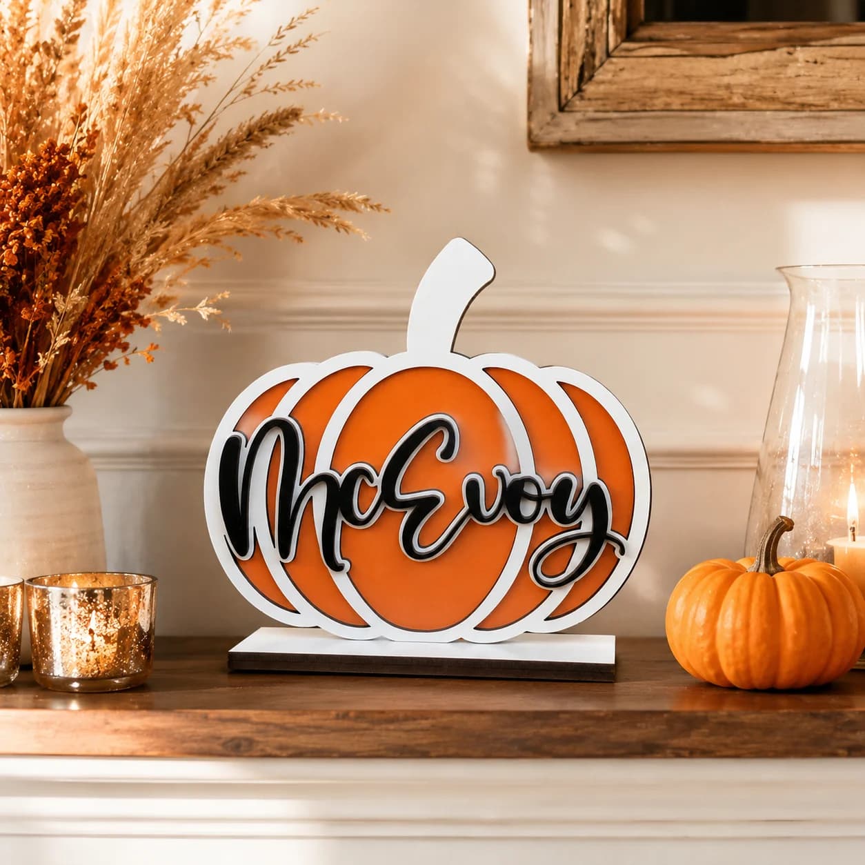 Custom Pumpkin Shape Family Name Wooden Name Plaque, Fall Autumn Harvest Tabletop Decor, Thanksgiving Personalized Home Gift