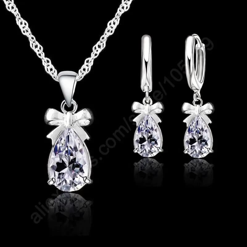 925 Sterling Silver Women's Jewelry Set with Brilliant White Stone with Cubic Zirconia, Pendant Earrings, Pendant Necklaces