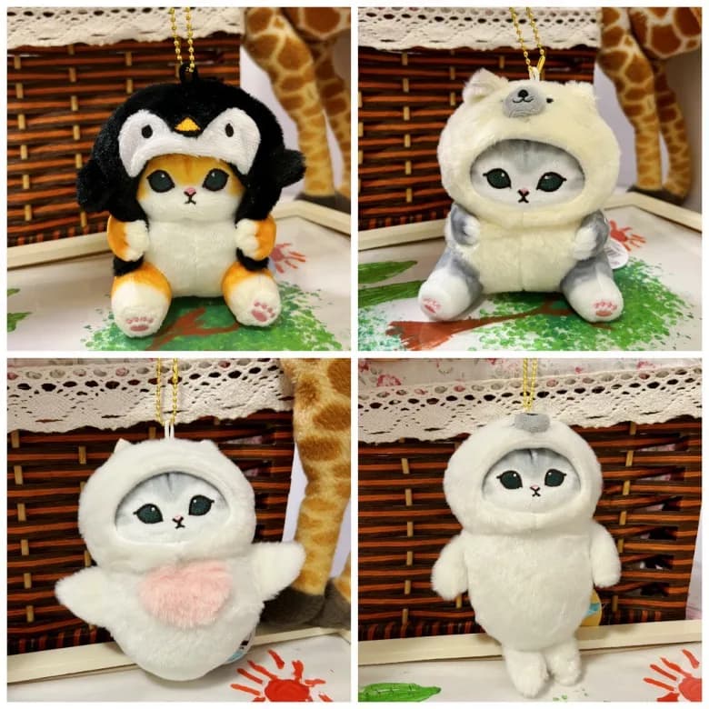 10cm Mofusand Cat Plush Keychain, Soft Stuffed Cat with Animal Hoodie, Cute Fluffy Bag Charm, Birthday Christmas Gift for Kids