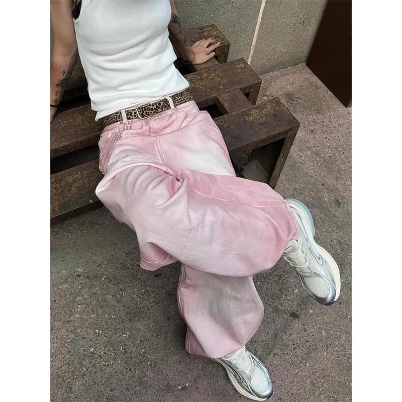 Jeans rosa da donna a vita alta design vintage pantaloni in denim larghi dritti hip-hop Street Y2K pantaloni in denim a gamba larga stile americano