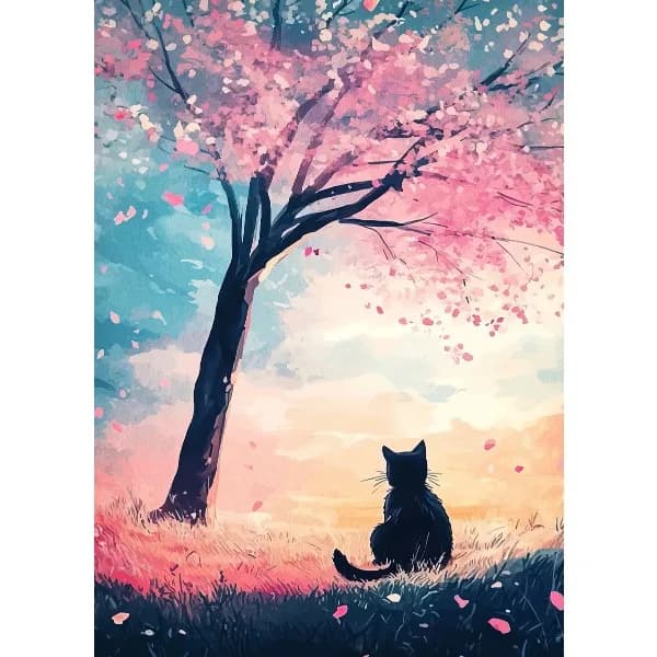 (No frame)Black Cat Cherry Blossom Tree Poster Japan Sakura Beautiful Nature Landscape Canvas Painting Wall Art for Living Ro