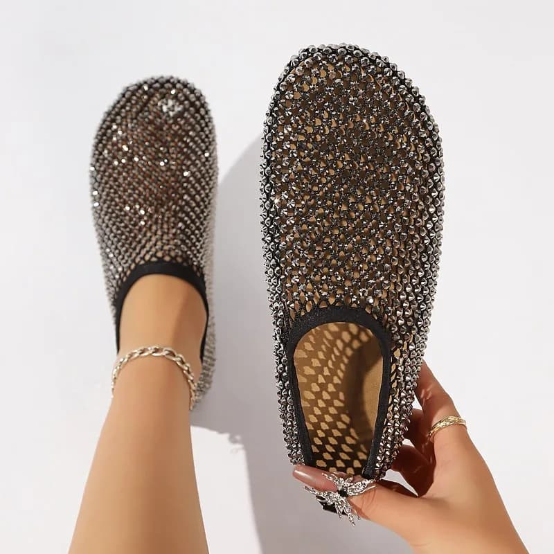 Women's Flat Bottom Single Shoes Breathable Round Head Hollow Out Fishing Net Surface Shoes with Water Diamonds Women Sandals