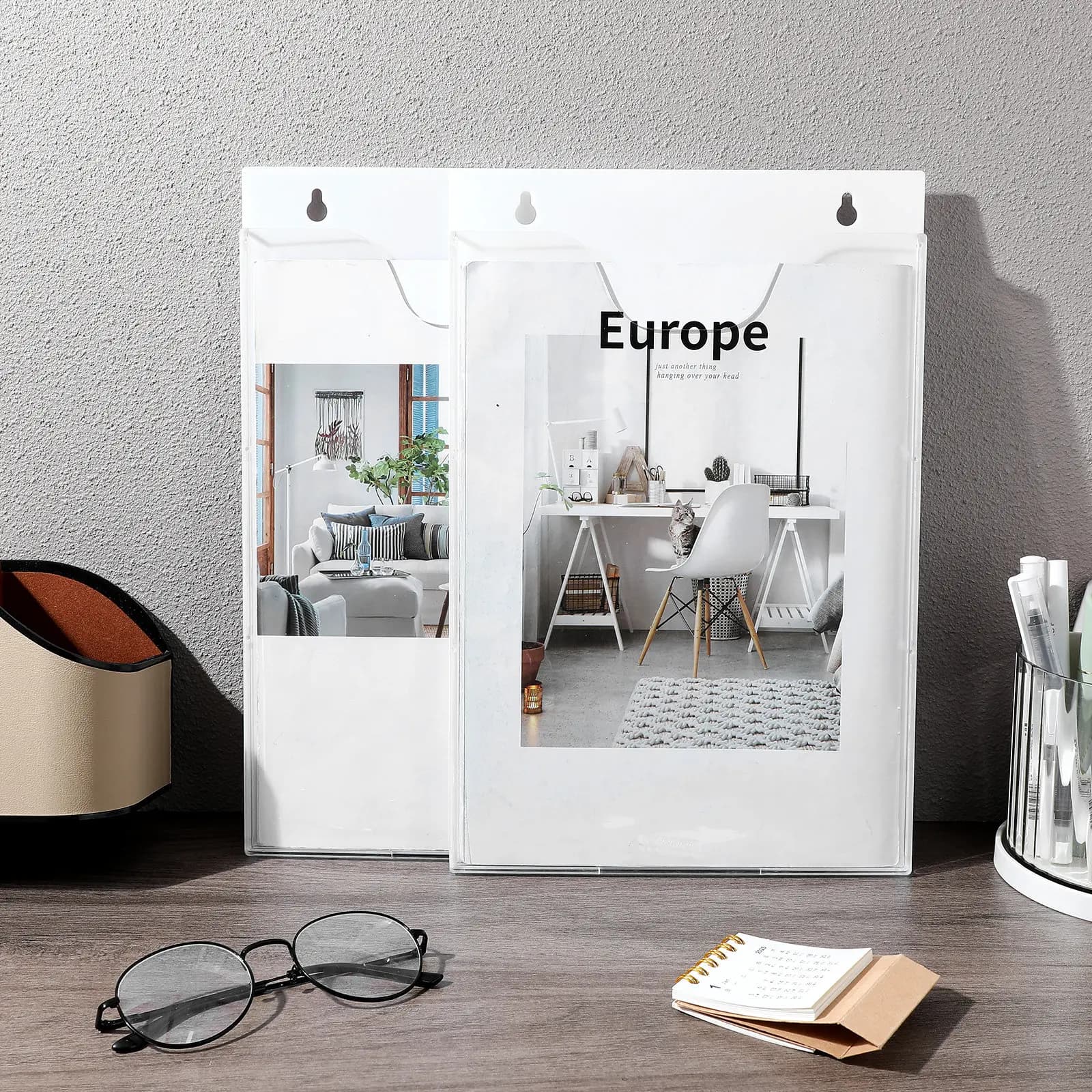 2Pcs Acrylic Wall Mount File Holder Clear Vertical Document Organizer Office Magazine Brochure Rack Paper Folder Mail Display