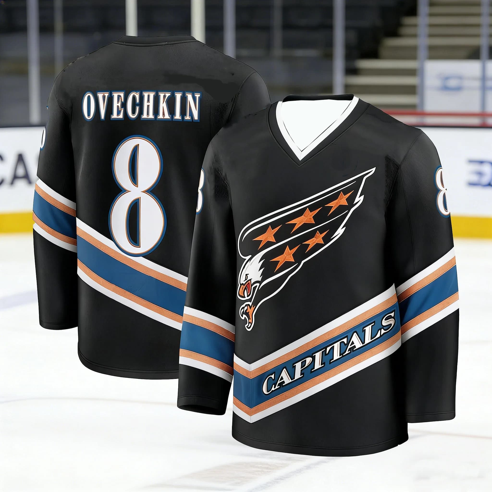 Maglia da Hockey su Ghiaccio 2026 # 8 Top sportivo da uomo traspirante con scollo a V Nero/Blu/Arancione Abbigliamento sportivo per tutte le stagioni
