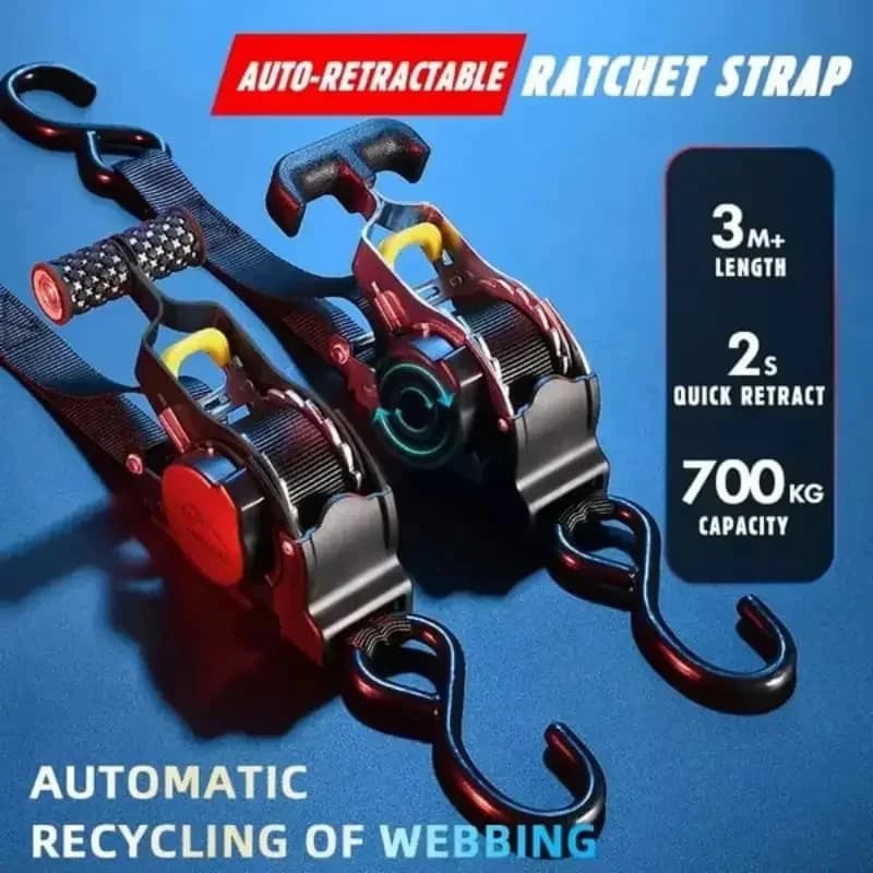 Retractable Auto Straps with Ratchet Tensioner-Luggage Load Cargo TapeBelts for Car & Motorcycle
