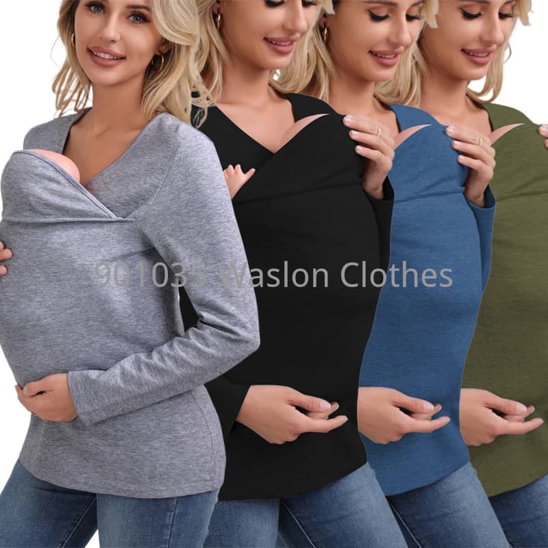 Maglietta da donna a maniche lunghe Marsupio di sicurezza Tasca a marsupio Abiti da gravidanza Primavera Inverno Top da madre a maniche lunghe