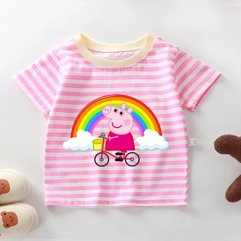 Peppas Pig Stripe T Shirts for Girl Cute Cartoon Short Sleeve Cotton Tee Children Round Neck Tops Summer Casual Toddler Clothes
