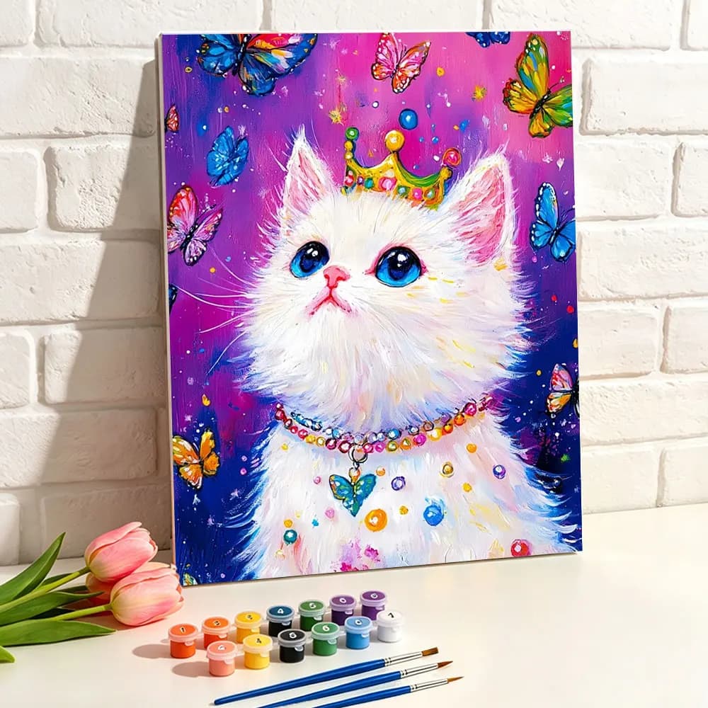 Paint By Numbers for Adults White Kitten Butterflies Animal HandPainted Oil Painting Canvas Colouring Home Decor