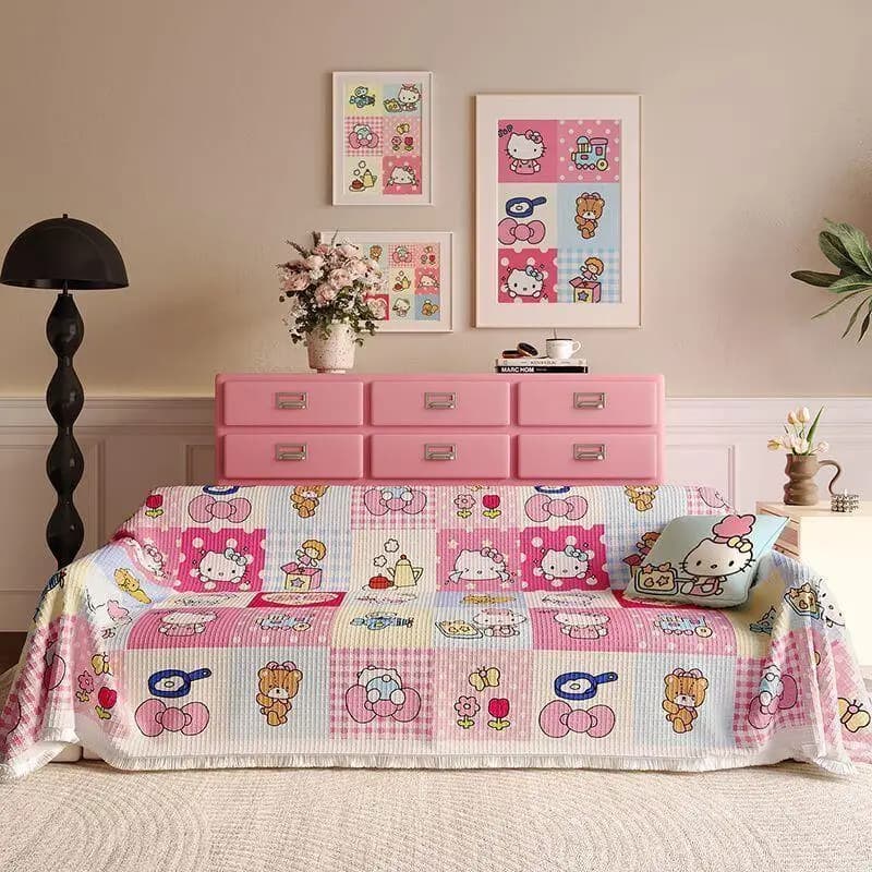 Hello Kitty Cartoon Print Sofa Cover Kawaii Dopamine Color System Non-Slip Cushion Living Room Bedroom Decoration Blanket Gift