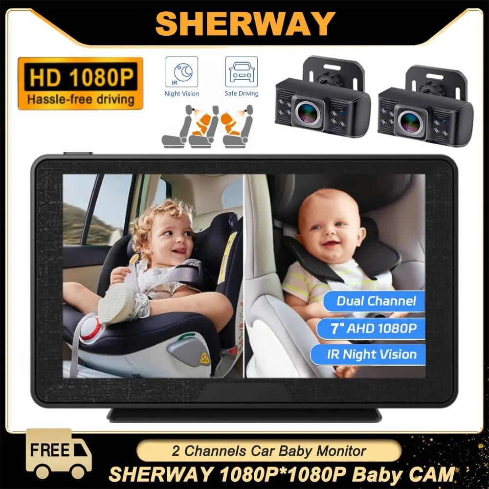 Telecamera per auto per bambini 7 "1080P FHD Doppio specchio per auto per bambini Telecamera per sedile posteriore girevole a 360 gradi per 2 bambini Visione notturna chiara Facile installazione