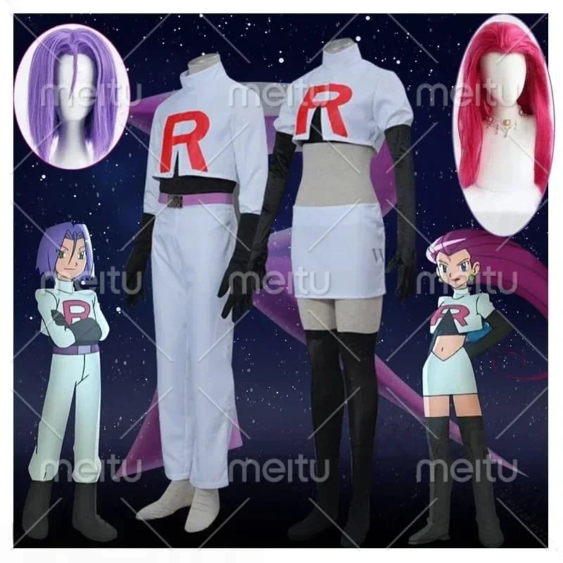 Costume Cosplay Team Rocket di Jessie Musashi e James Kojirou, Set Completo con Parrucca e Accessori per Halloween, Abbigliamento Sportivo per Cosplay