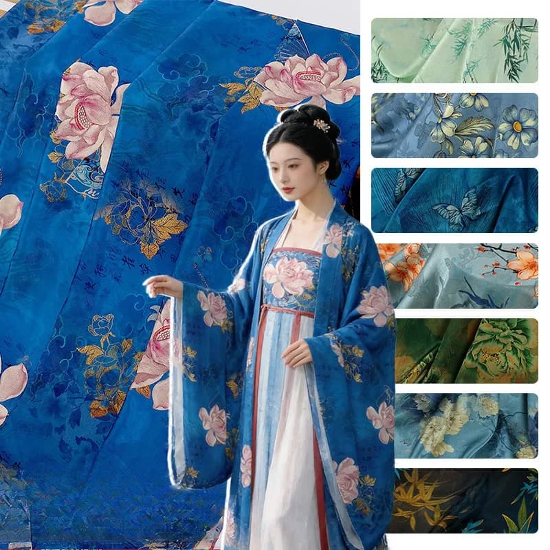Chinese Landscape Painting Fabric Silk Stretch Satin Cloth for DIY Sewing Cheongsam Hanfu Craft Dress Clothing Handmade Fabric