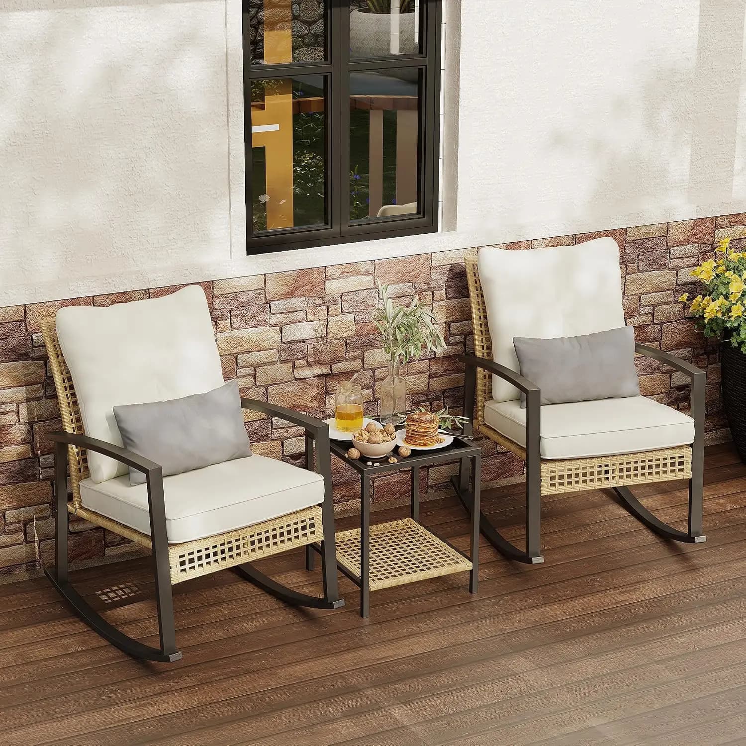 3-Piece Patio Rocking Bistro Set with Glass Table & Lumbar Pillows, Outdoor Porch Chairs for Garden Poolside, Customized