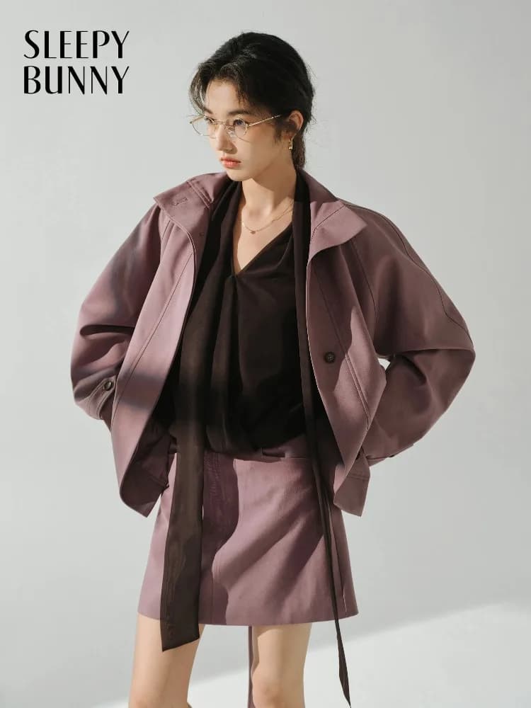 Trench elegante e ampio da donna, giacca casual con cintura in vita, elegante capispalla grigio viola per l'ufficio autunnale o l'aspetto streetwear