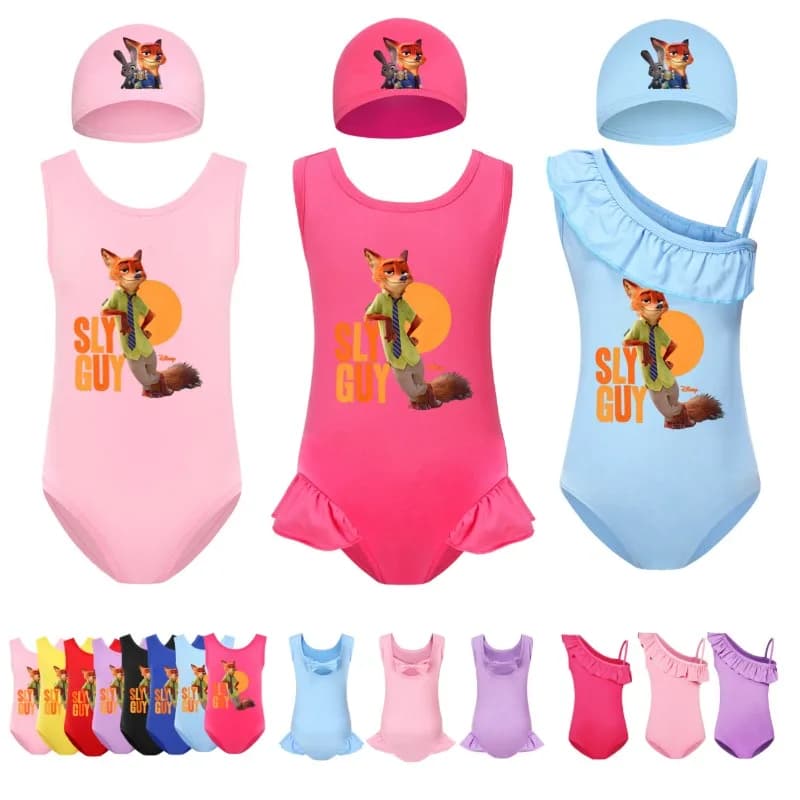 Full swimsuit for girls with theme Zootopia - with bath cap combined with nice cartoon characters, quick drying beach swimsuit for children