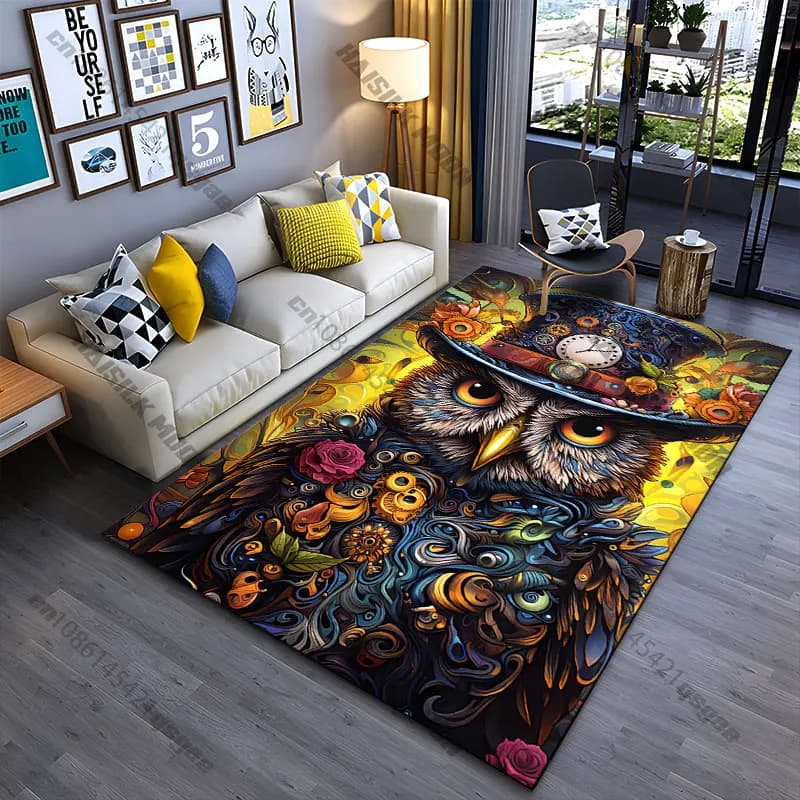 Steampunk owl vibrant artistic design carpet Yoga living room room decor children's crawling mat doormat area rug