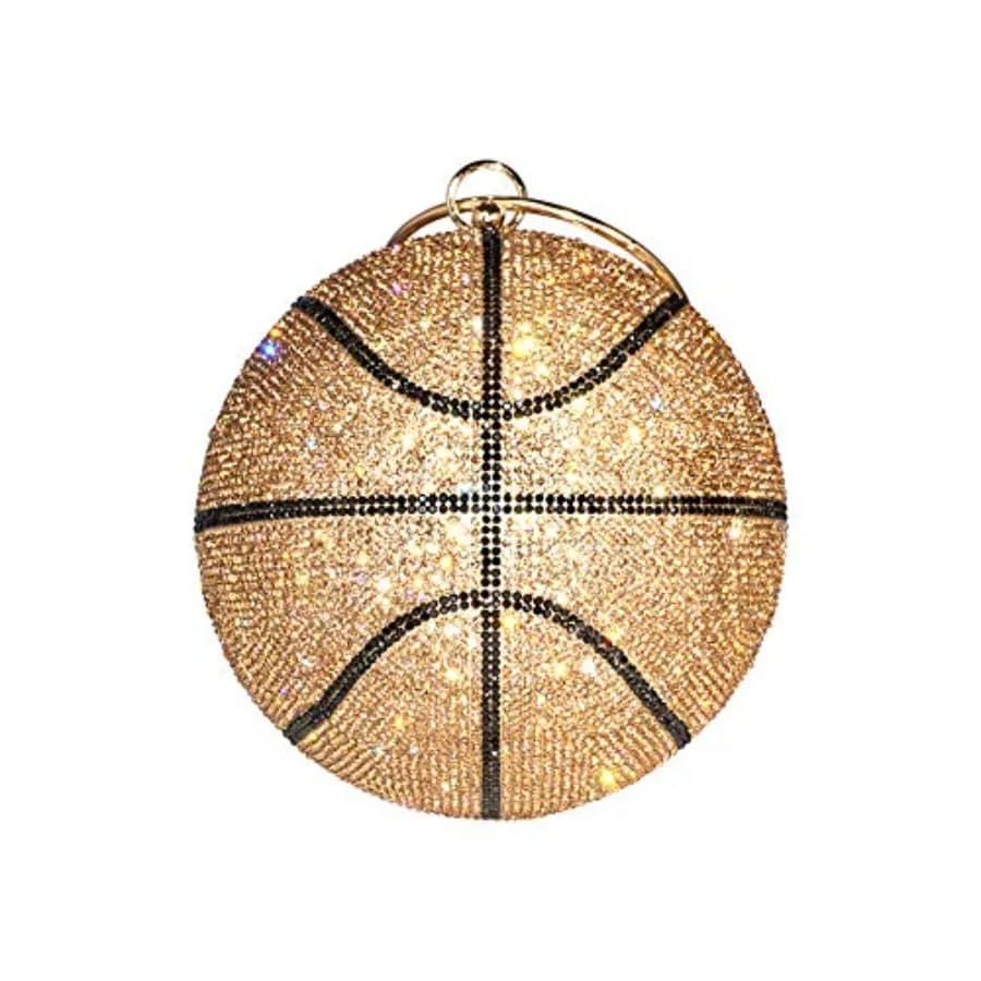 Borsa da Donna a Forma di Pallone da Basket con Diamanti, Pochette Rotonda in Cristallo, Borsetta da Polso Dorata
