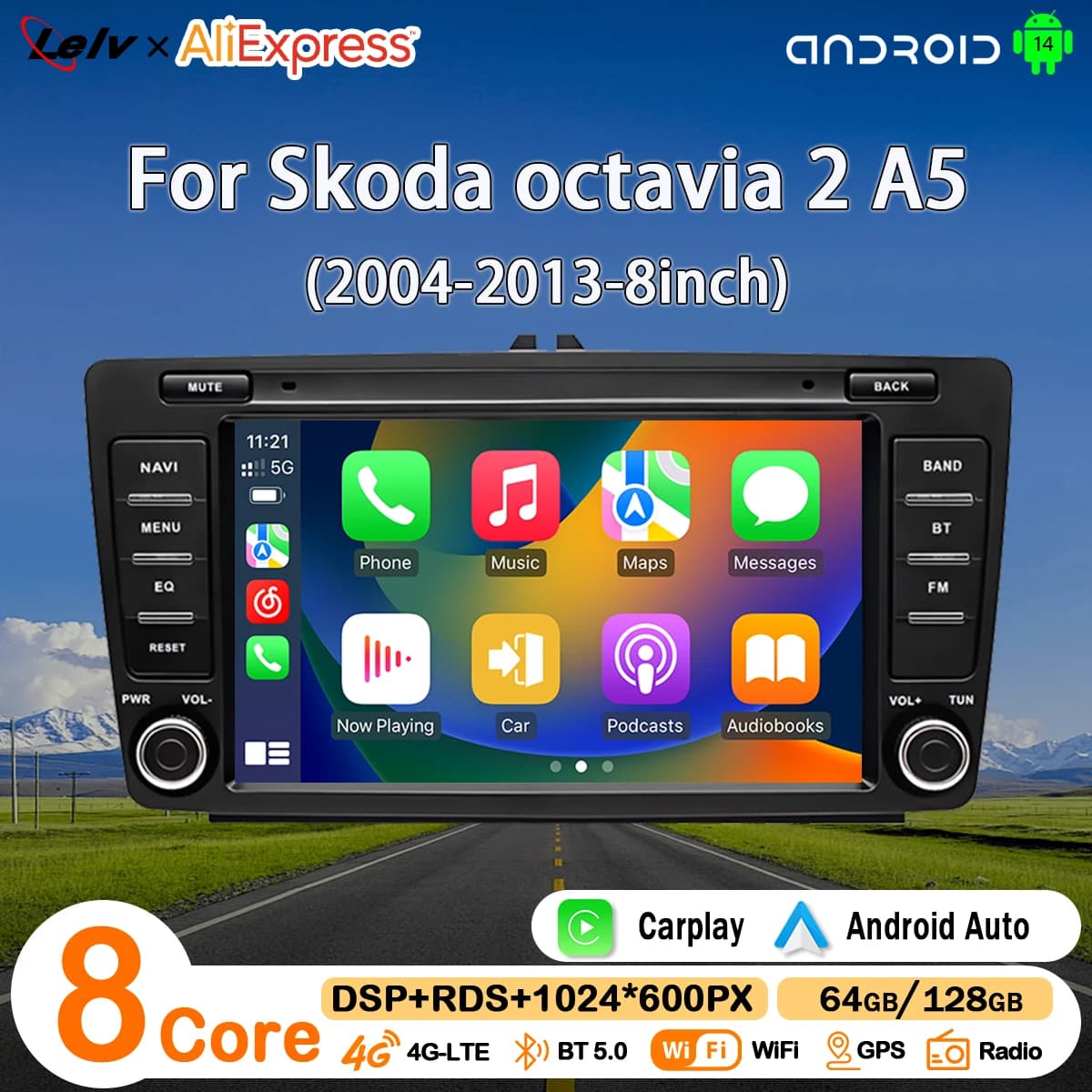 LELV''For Skoda octavia 2 A5(2004-2013-8inch)Car Radio Android 14 Wireless Carplay Multimedia Video Player GPS Navigation
