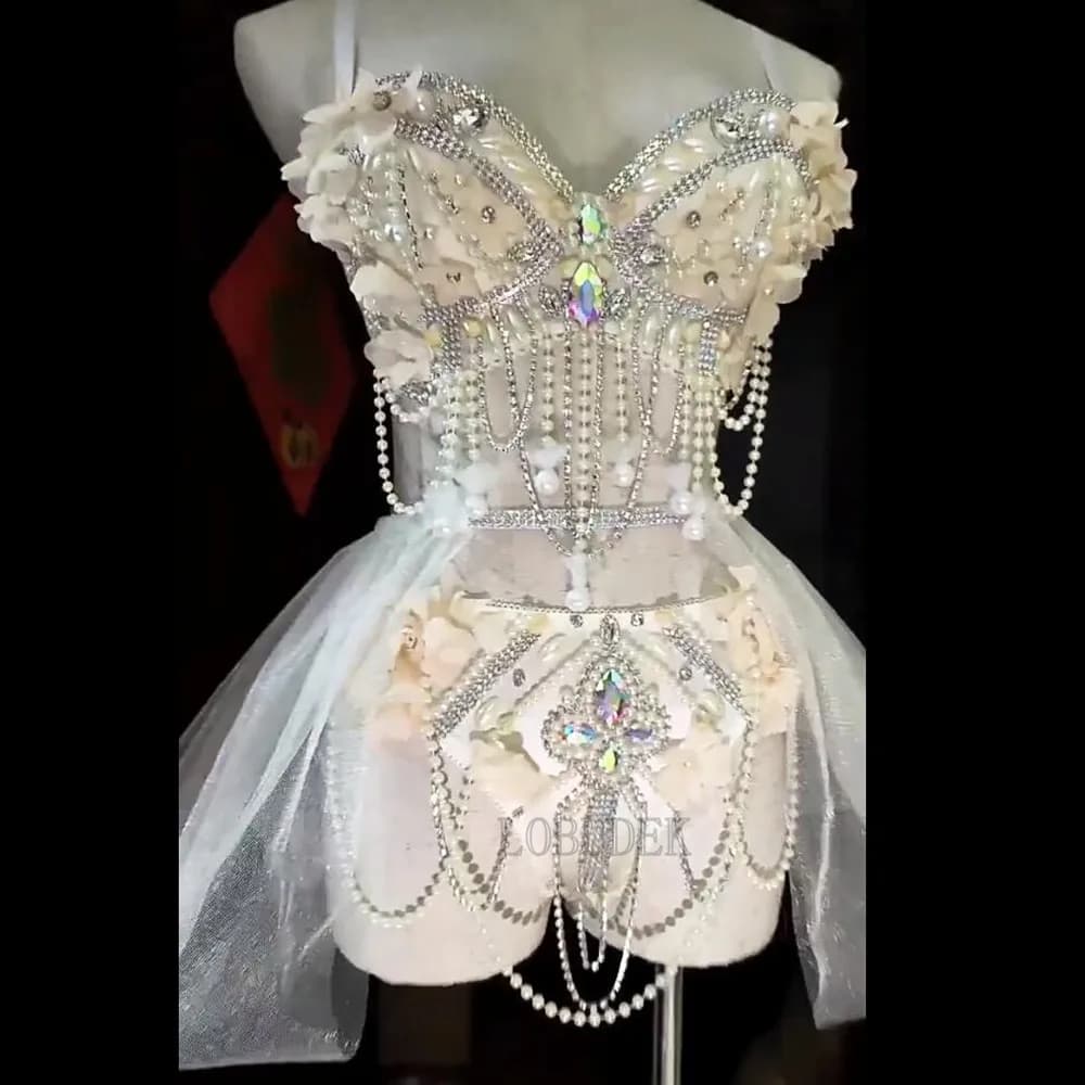 Sparkly Rhinestone Beading Bikini Gauze Skirt Electric Music Festival Party Dance Costume Sexy DJ Gogo Stage Performance Clothes