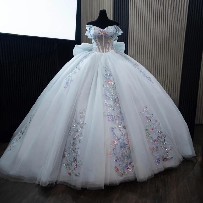 Abiti Quinceanera lucidi blu cielo con spalle scoperte Applique con paillettes Perline di pizzo Corsetto con fiocco Tull Party Compleanno Abito dolce 16