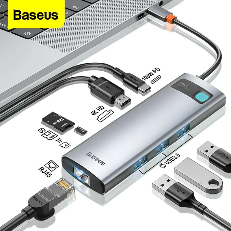 Baseus USB C HUB a HDMI-adattatore compatibile lettore di schede RJ45 USB 3.0 PD 100W Docking Station di tipo C per Macbook Pro Surface iPad