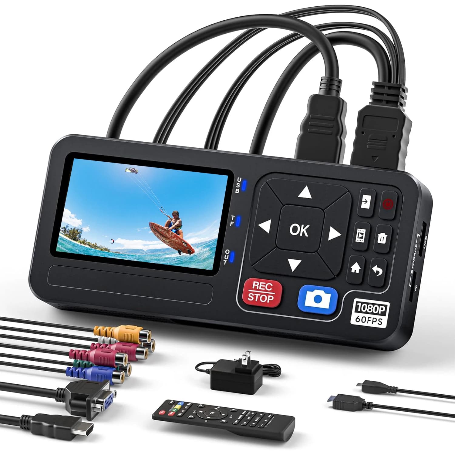 Box di Acquisizione Video 1080P con Schermo da 3 Pollici, Convertitore Video Digitale 4K, Registratore con Ingresso HDMI/CVBS/VGA/YPBPR per VHS, DVD, Gaming, TV