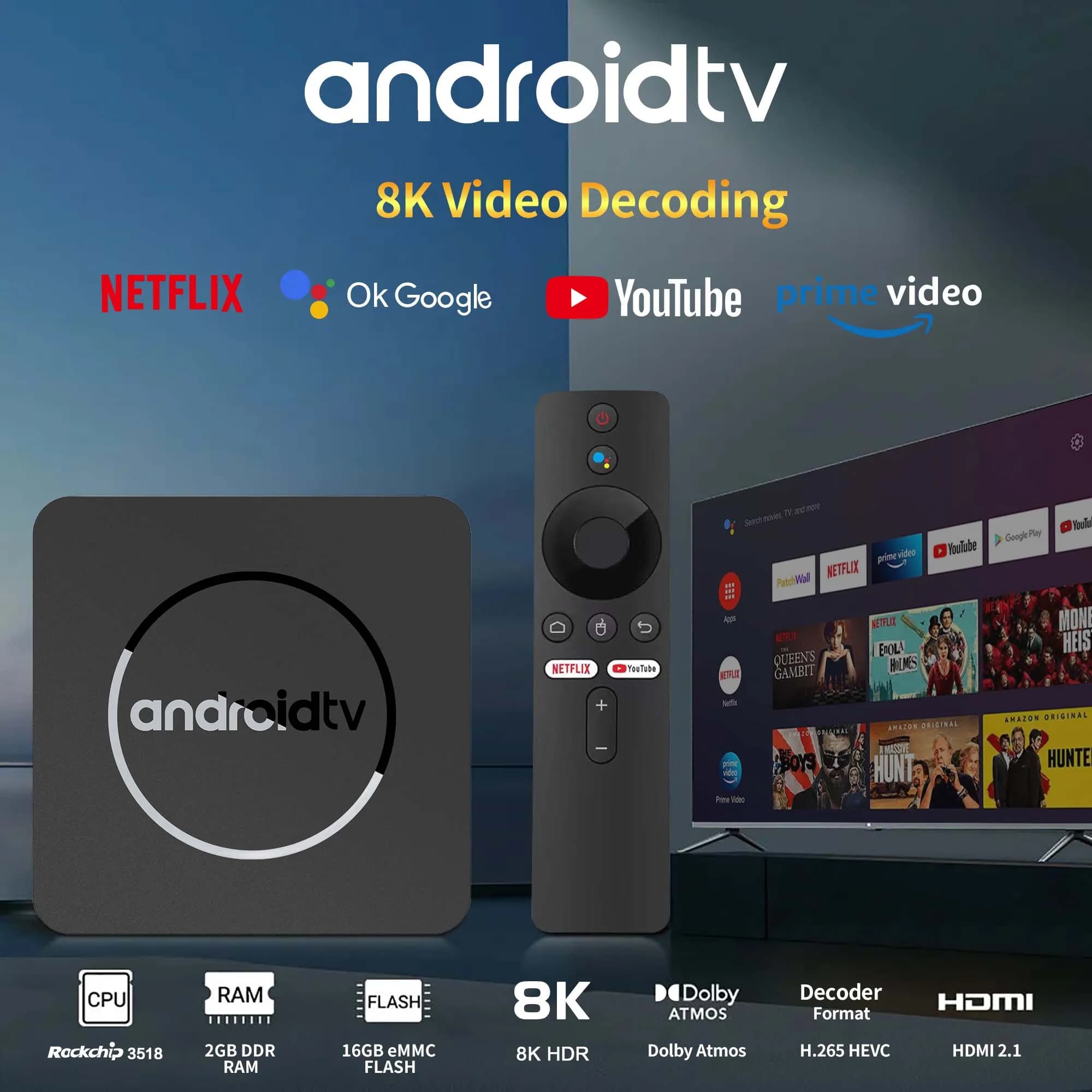 Android 14 4K HDR10+ Smart TV Box Allwinner H313 2GB16GB Dual Wifi BT5.0 Set Top Box Lettore multimediale Stereo Surround Q1 ATV