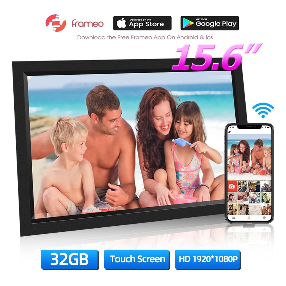 Cornice digitale WIFI da 15,6 pollici con schermo touch IPS 1920 * 1080, app Frameo, memoria da 32 GB per album fotografico elettronico domestico