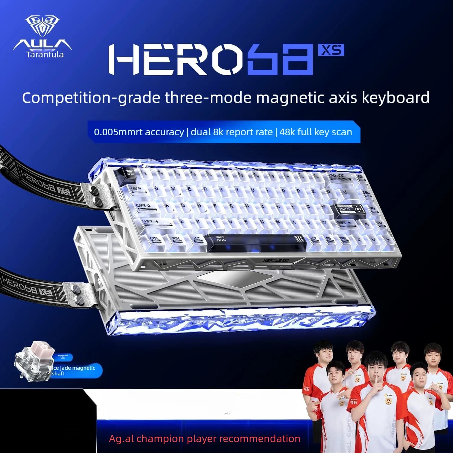 Nuova Tastiera da Gaming AULA HERO68 XS con 68 Tasti a Asse Magnetico, Tre Modalità, Precisione 0.005mm, Doppia 8K, Retroilluminazione RGB per Giocatori Esports