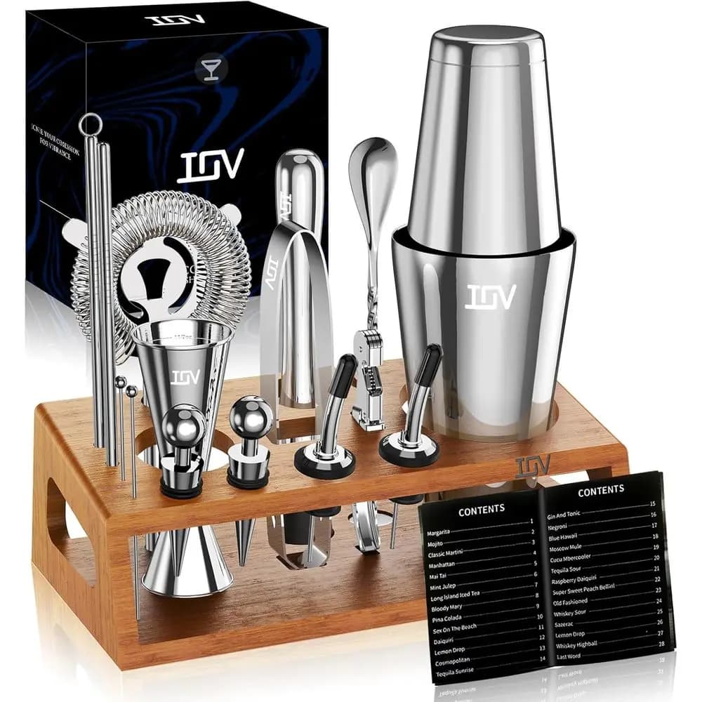 Set da Barman Professionale con Supporto per Mixology | Set da Cocktail 17 Pezzi | Set Shaker Boston da 28oz con Tutti gli Accessori Essenziali