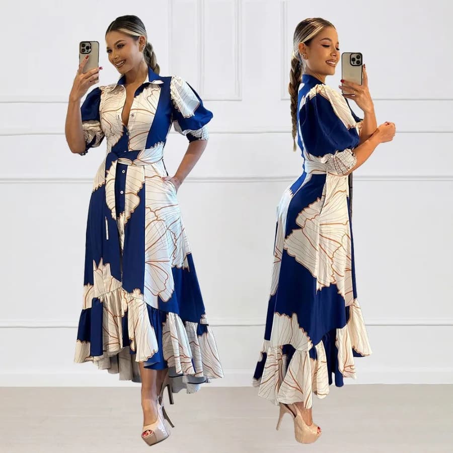 【New Arrival】Women's Blue and White Abstract Print Shirt Dress, Puff Sleeve Button-Up with Belt, Ruffled Hem