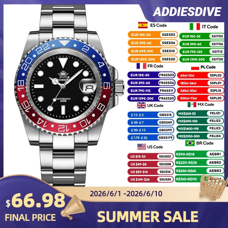 ADDIESDIVE Men's Watch Automatic Sapphire Glass BGW9 Super Bright Analog Watches Waterproof Men's Watch 20Bar AD2503