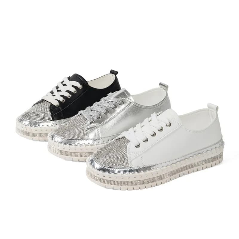 Women White Platform Mule Sneakers Rhinestone Toe Backless Slip On Shoes Ladies Lace Up Thick Sole Creeper Casual Half Slippers