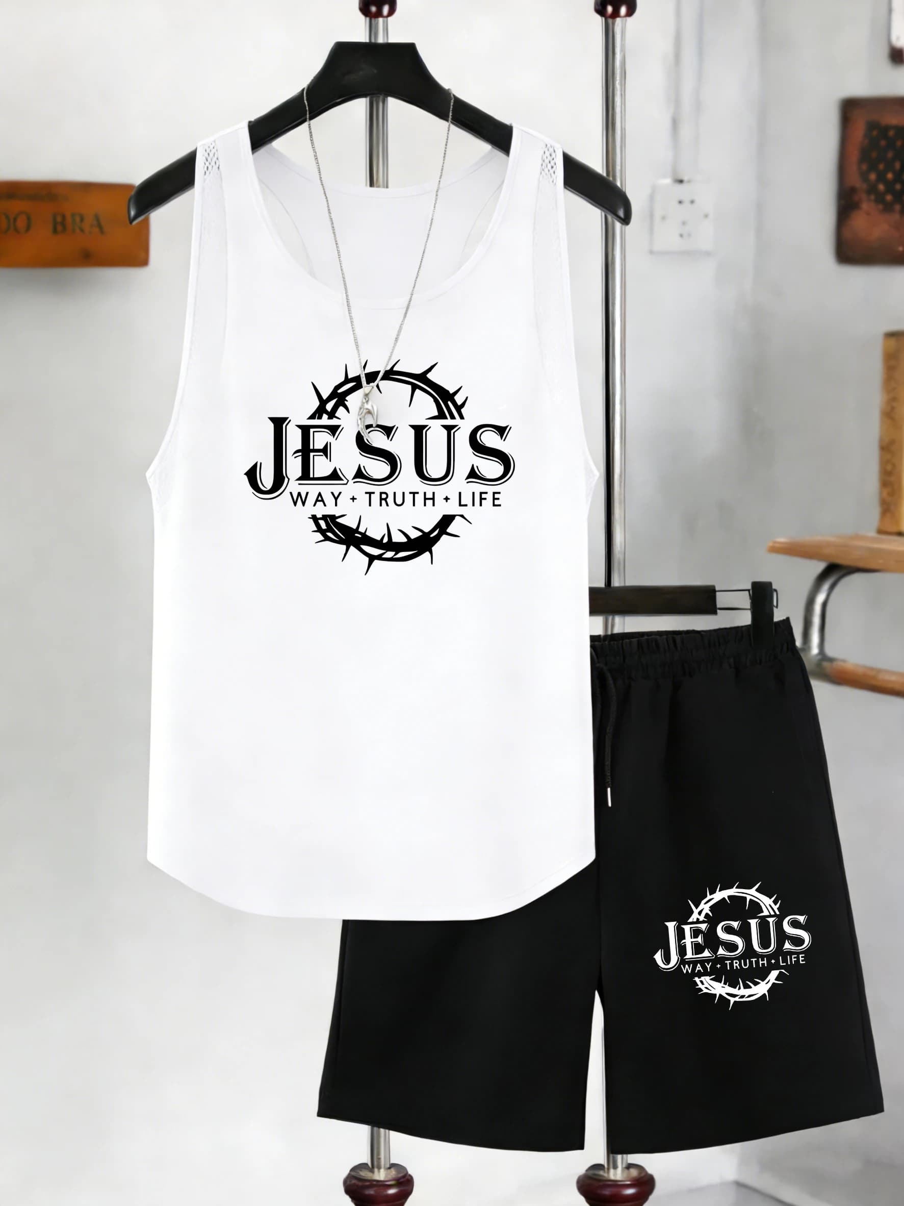 Set da uomo con stampa Jesus Way Truth Life, canotta senza maniche con scollo a O in rete, pantaloncini estivi a gamba larga, pantaloni traspiranti per il fitness.