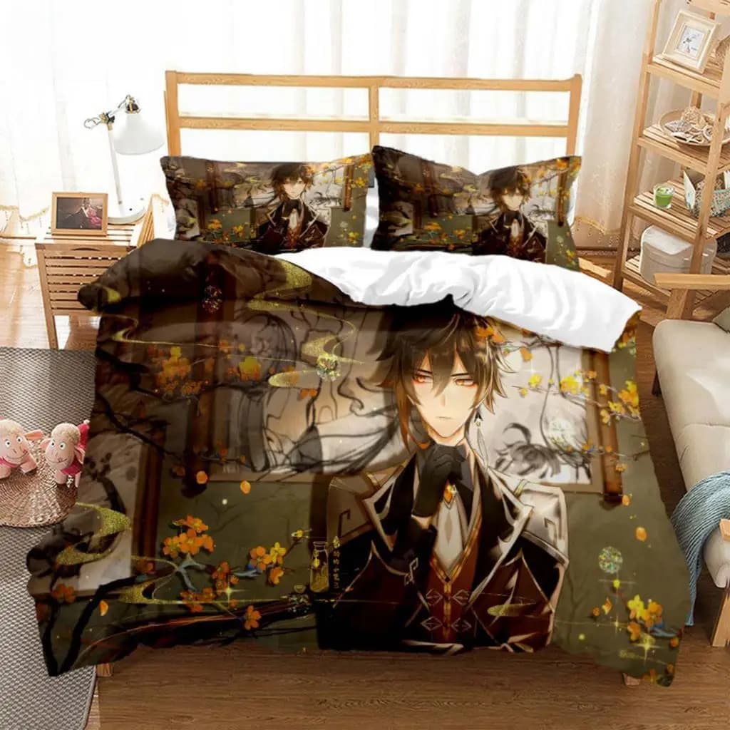 Set di Biancheria da Letto Anime Genshin Impact, Morbido e Confortevole, Personalizzabile, Set Copripiumino di Lusso
