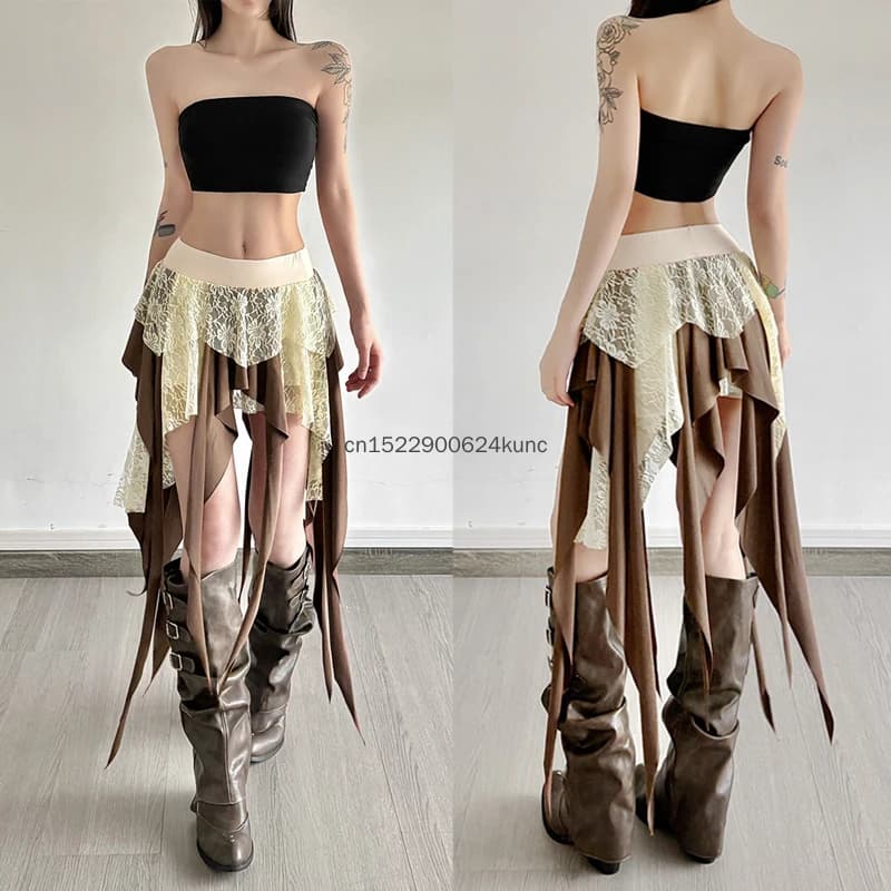 Hotsweet Girl Lace Fringe Skirt Y2k Aesthetic Cyber Grunge Irregular Mini Skirt Women 90s Vintage Fairy Coquette Short Skirt