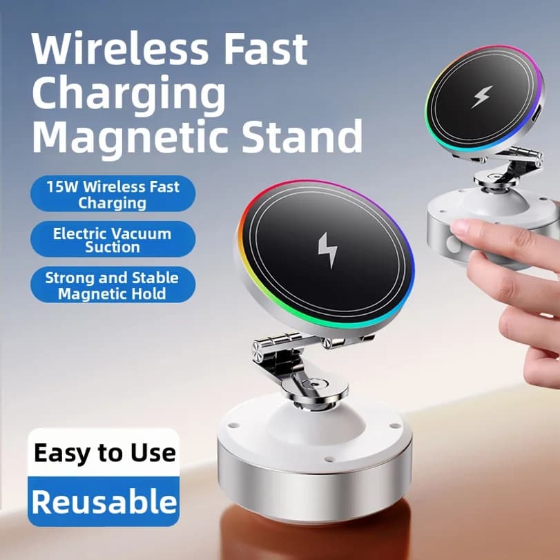 Nuovo Modello 2026: Supporto Magnetico per Telefono con Ricarica Wireless Rapida 15W, Ventosa Elettrica Automatica a Vuoto