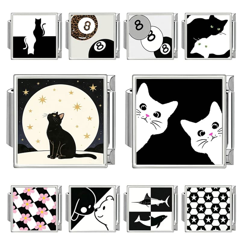 Y2K Black White NO.8 Ball Cats Swan Charm Italian Links Fit 9mm Stainless Steel Women Men Jewelry DIY Making Bracelets Gifts