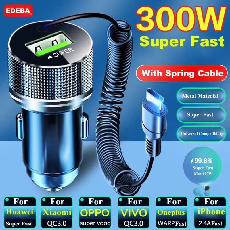 Caricabatteria da auto USB in metallo EDEBA con cavo di tipo C adattatore per veicolo a ricarica Super veloce 12V 2 in 1 per iPhone Samsung Huawei VIVO OPPO