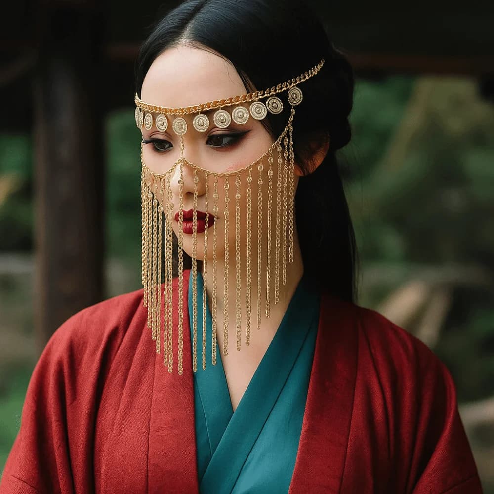 Maschera per Danza del Ventre con Campanelle e Strass, Catena per la Testa in Stile Boho Etnico, Maschera per Mascherata Mediorientale