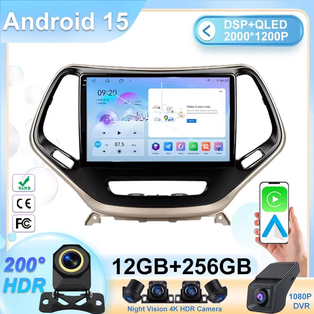For Jeep Cherokee 5 KL 2014-2018 Android 15 Car stereo unit Radio multimedia Video player GPS Wireless Carplay Android Auto 4G