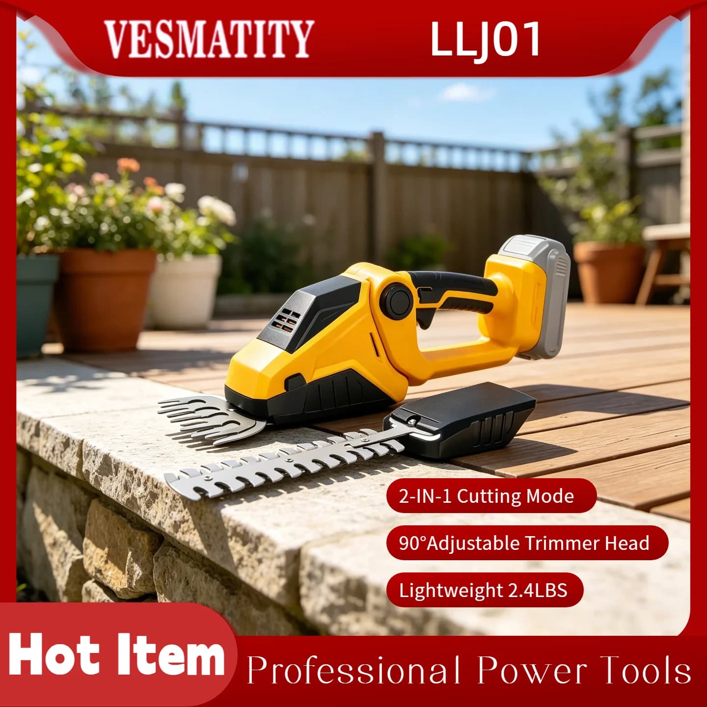 Vesmatity 2‑In‑1 Cordless Hedge Trimmer Brushless Motor Handheld Grass Shear 90° Head For Garden Bush Pruning for DeWALT Battery