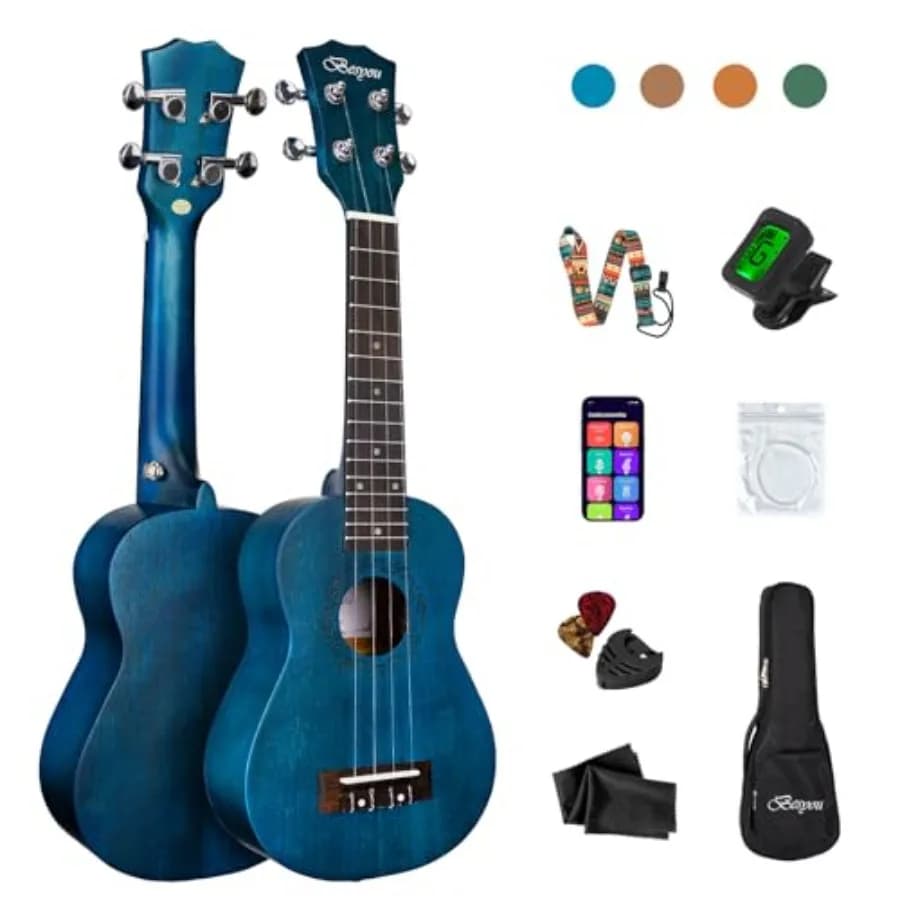 Ukulele Soprano in Mogano da 21 Pollici per Principianti e Studenti Adulti, Kit da Viaggio in Legno con Accordatore, Borsa e Tracolla in Nylon Carbonio