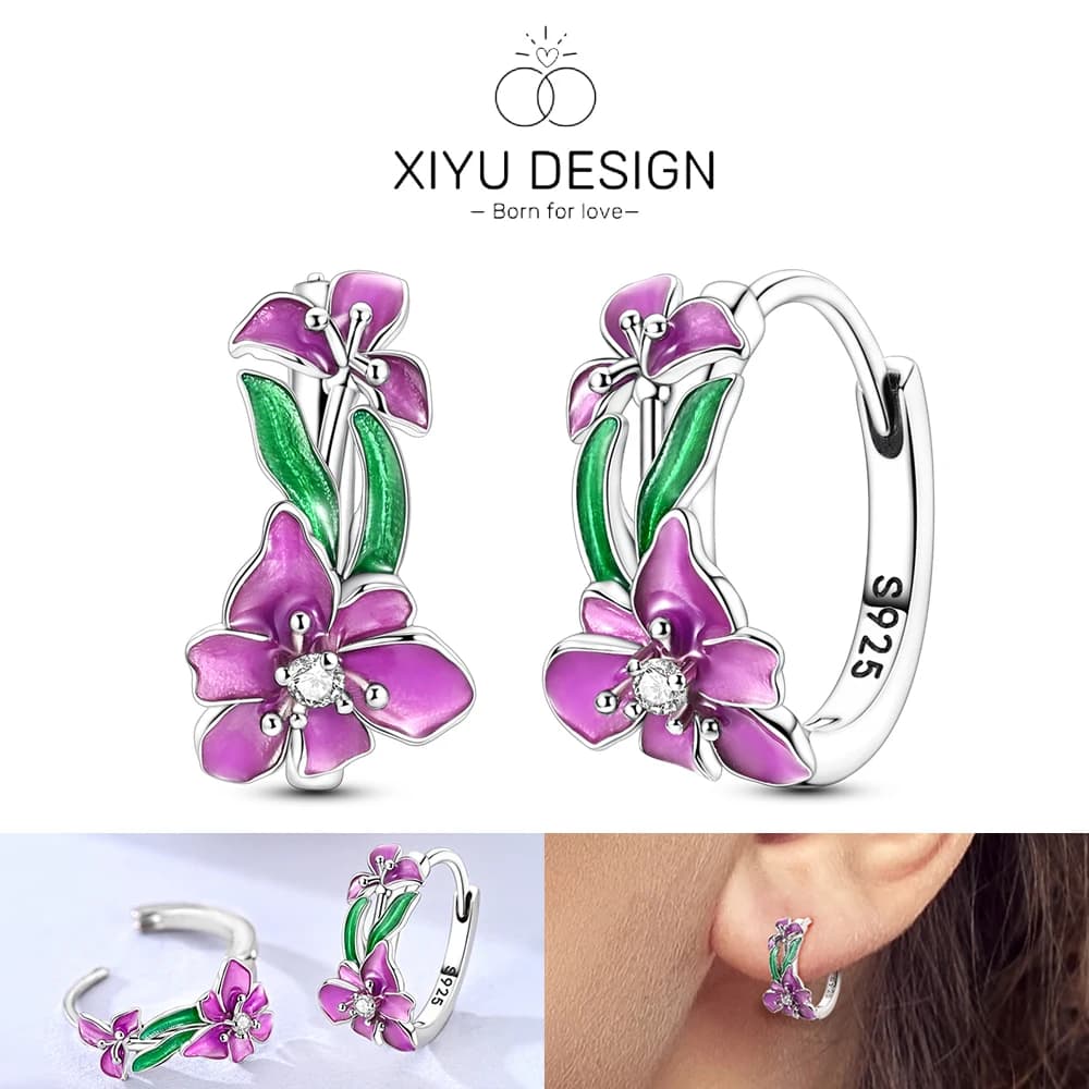 925 Sterling Silver Earrings Original Romantic Iris hoop Earrings Purple Jewelry for Women Fashion Fine Gift