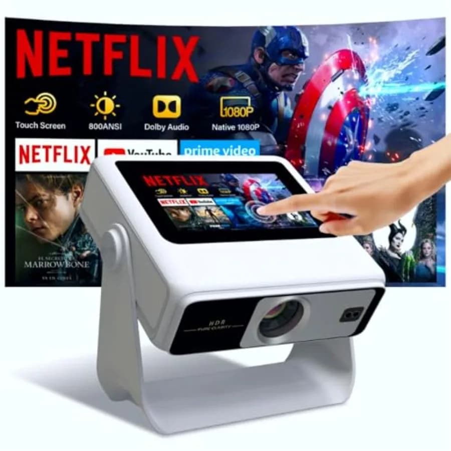 Proiettore Smart Portatile per Esterni con Supporto 4K, WiFi, Bluetooth, Touchscreen, Auto Focus, Oltre 1000 App Integrate, Risoluzione Nativa 1080P, Mini Mo