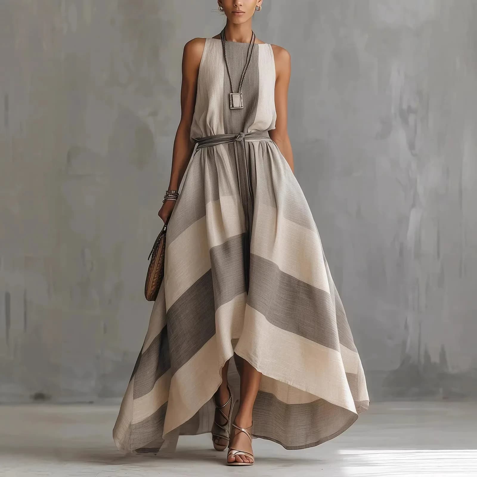 Spring Summer Women Striped Sleeveless Dress Dresses Belted Maxi Gown