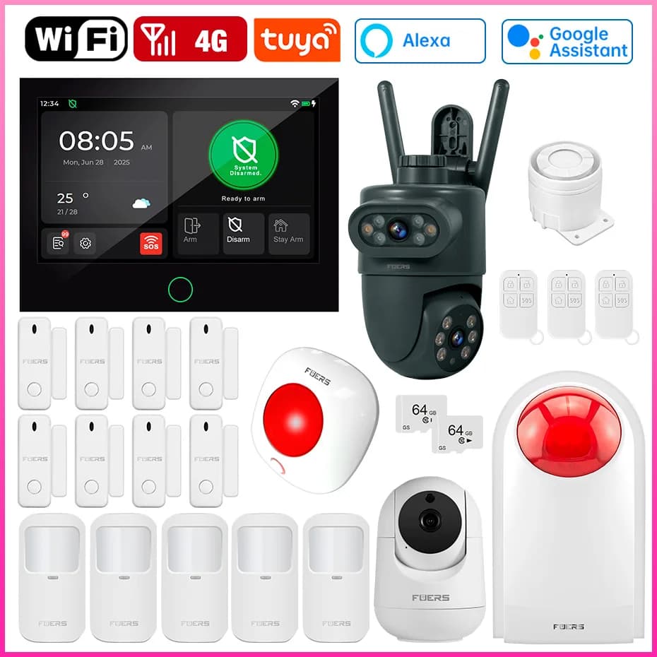 FUERS Schermo da 7 pollici 4G LTE Tuya Sistema di allarme di sicurezza domestica intelligente GSM WiFi Sistema di allarme di sicurezza antifurto domestico wireless Telecamera IP