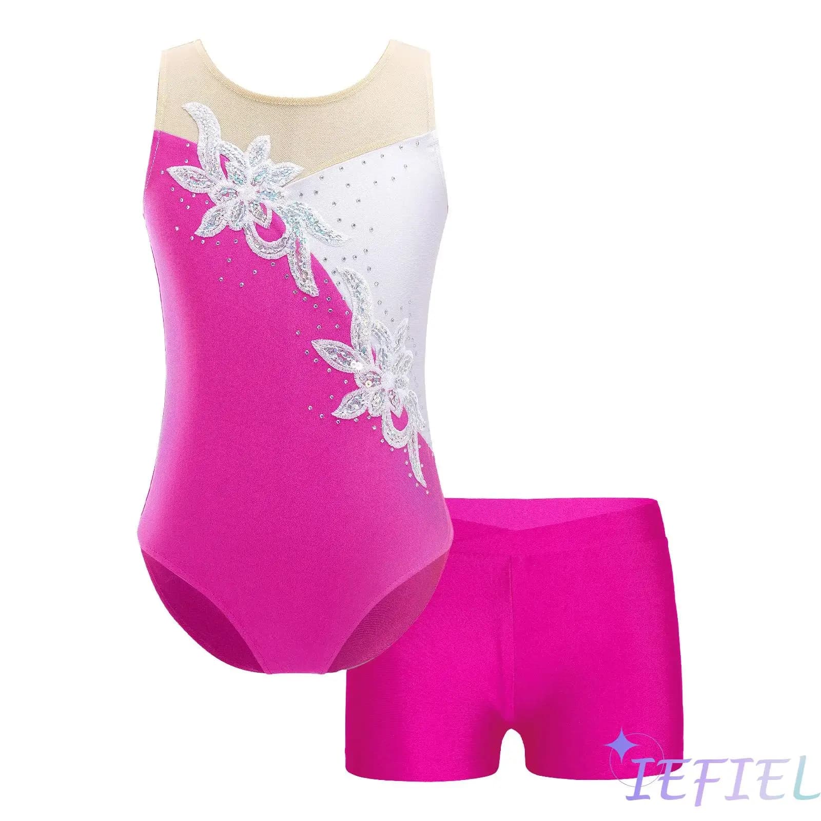 Bambini ragazze Glittery paillettes Decor balletto pattinaggio artistico danza Unitard abiti ritmica ginnastica atletica Activewear 2 pz/set