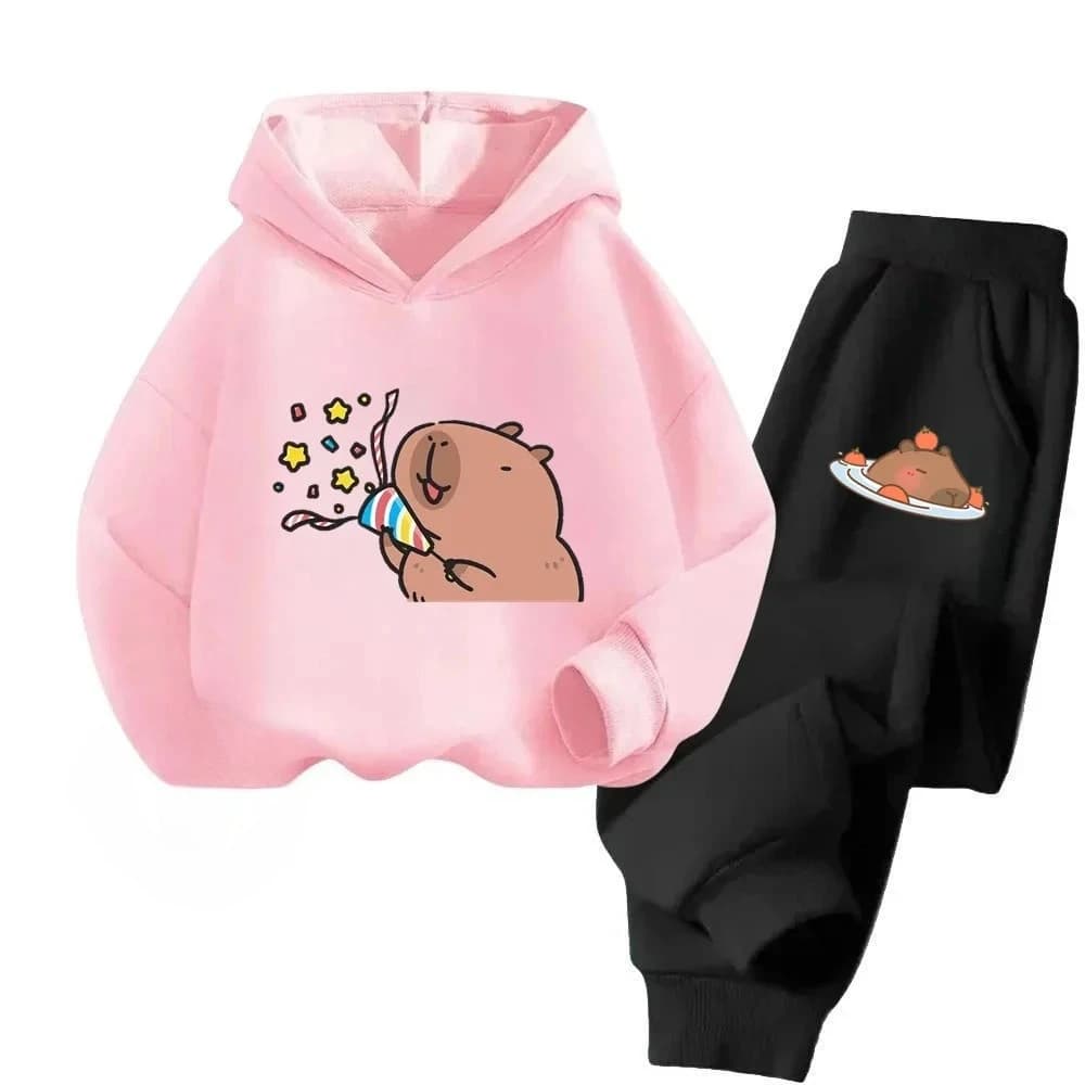 Set Autunno Inverno per Bambini con Stampa Capibara, Felpa con Cappuccio + Pantaloni, Tuta Sportiva Casual, Abbigliamento Sportivo per il Tempo Libero, Set 2 Pezzi